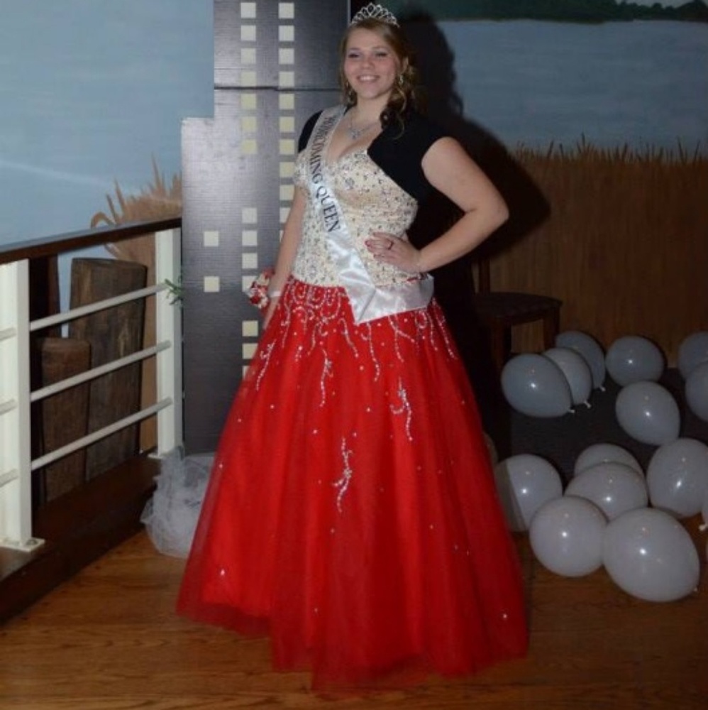 Strapless cream and red sequins gown